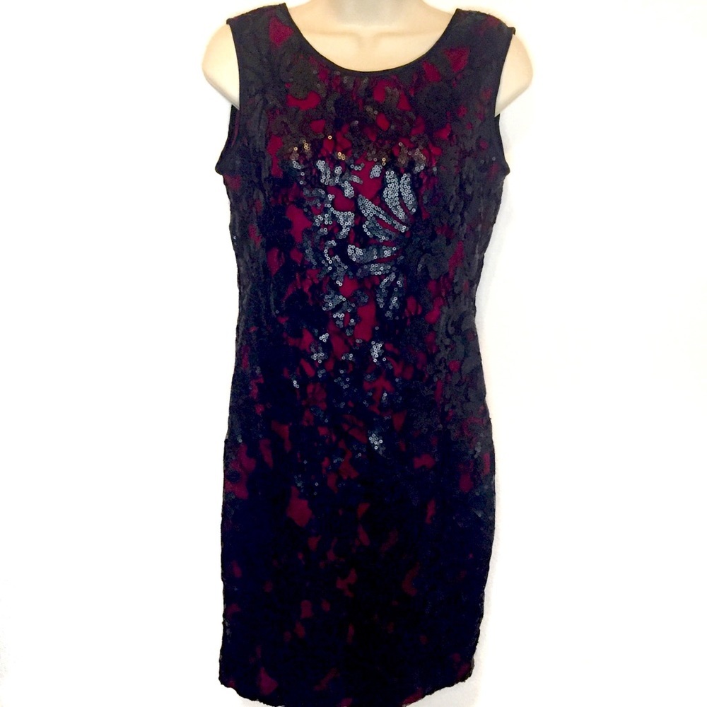 NWT Cache Dress Black Lace Sequins Over Red Size 2